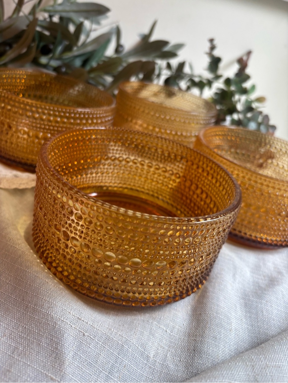 Home Essentials Amber Set of 4 Stackable Glass Bowls Hobnail Serving Dinnerware